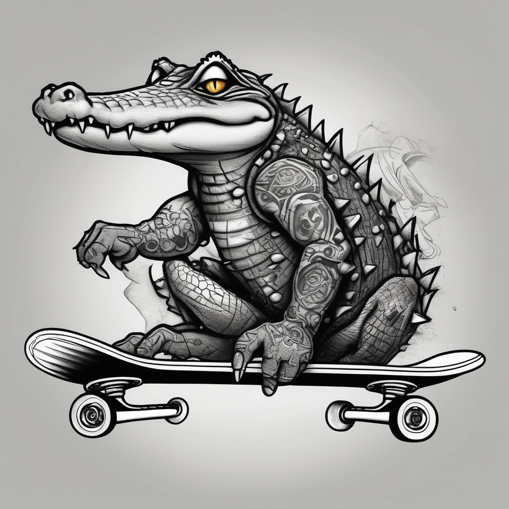 crocodile riding a skateboard with piercings and tattoos fishing tattoos, AI-generated Black and White tattoo design
